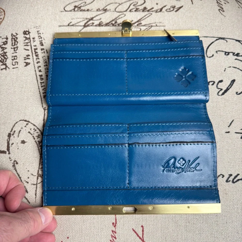 Patricia Nash Blue Floral Batik Leather Frame Wallet Gold Tone Clasp Clutch